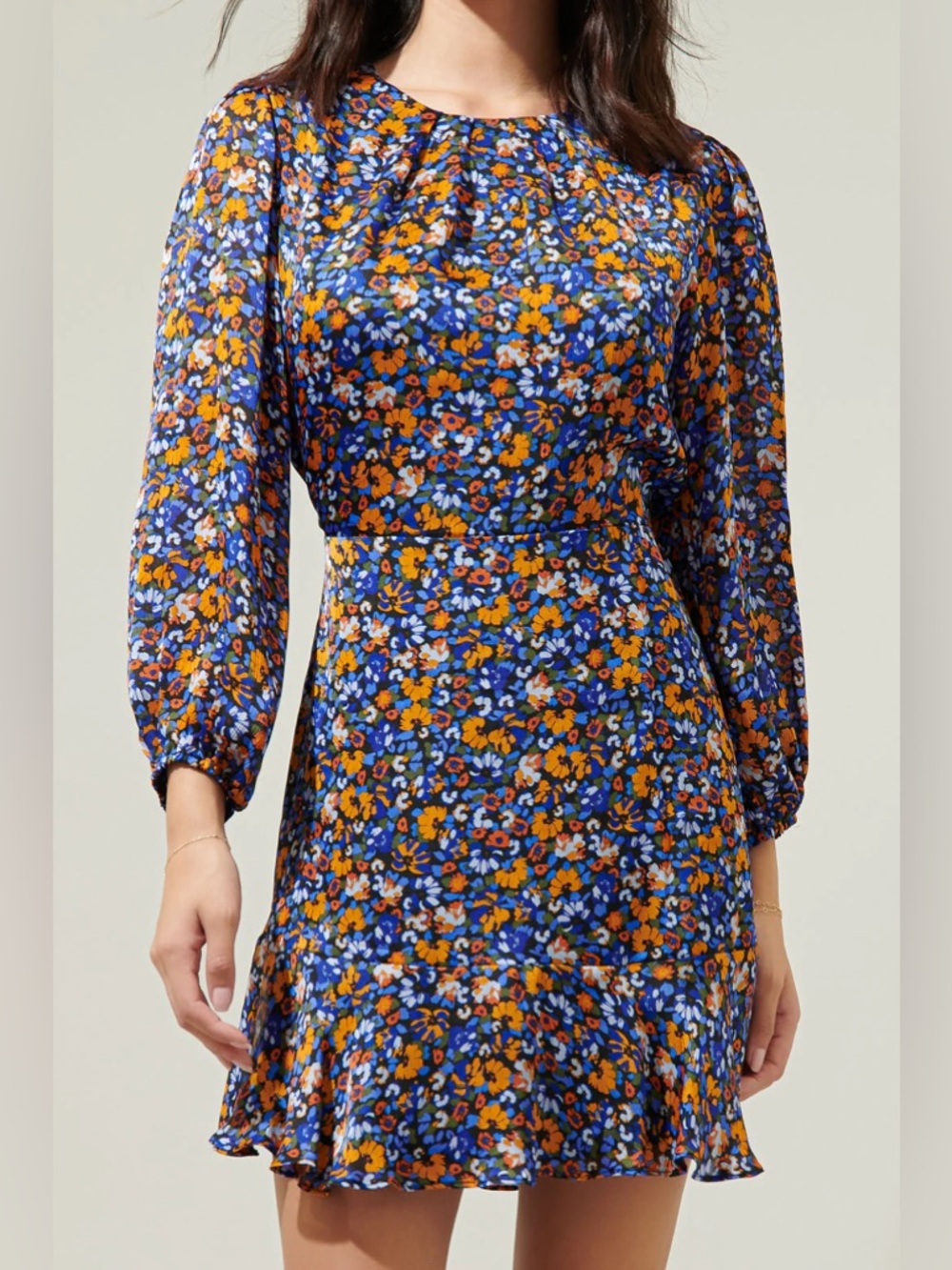 Sugarlips Blue and Orange Floral Long-Sleeve Ruffle Hem Dress